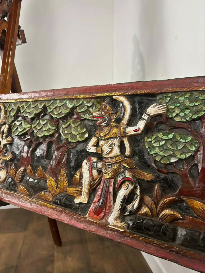 Large Hand Carved Wooden Panel Depicting Figures In A Forest