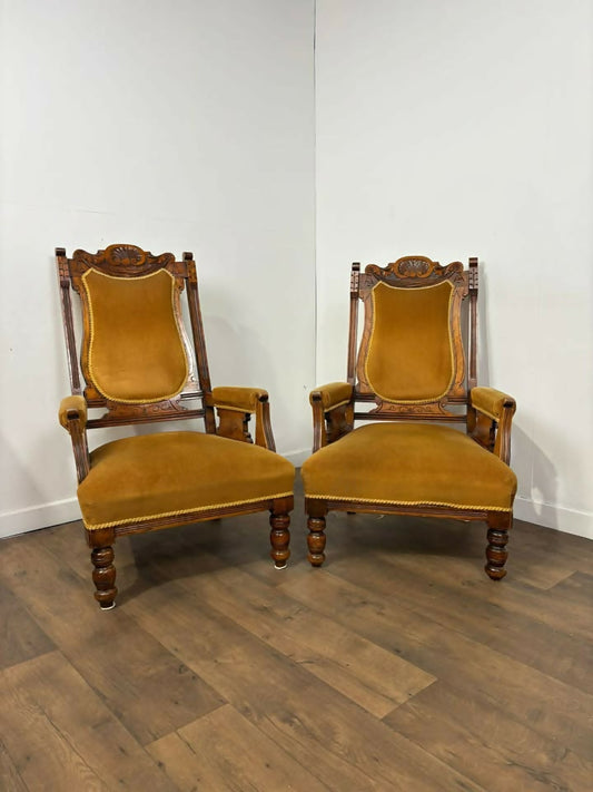 Pair of Edwardian Walnut “His & Hers” Armchairs