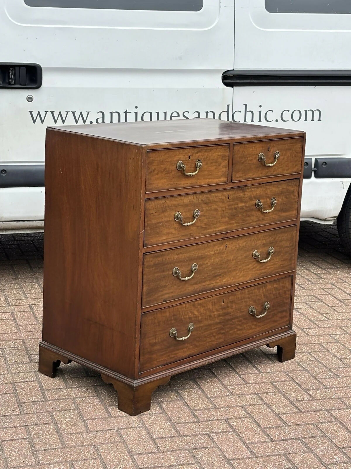 Vintage Mahogany Chest Of Drawers. Brass Handles, Bracket Feet, Fine Propotions