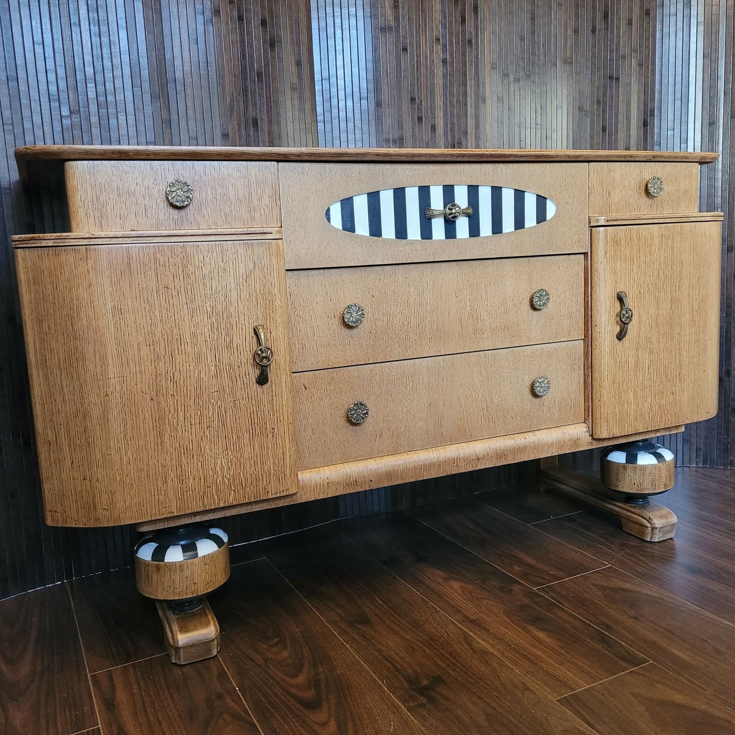 Art Deco Beautility Sideboard. Refinished Oak Cabinet. Striped vintage furniture.