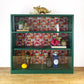 Vintage glass fronted book case, green mcm oriental koi fish design shelves