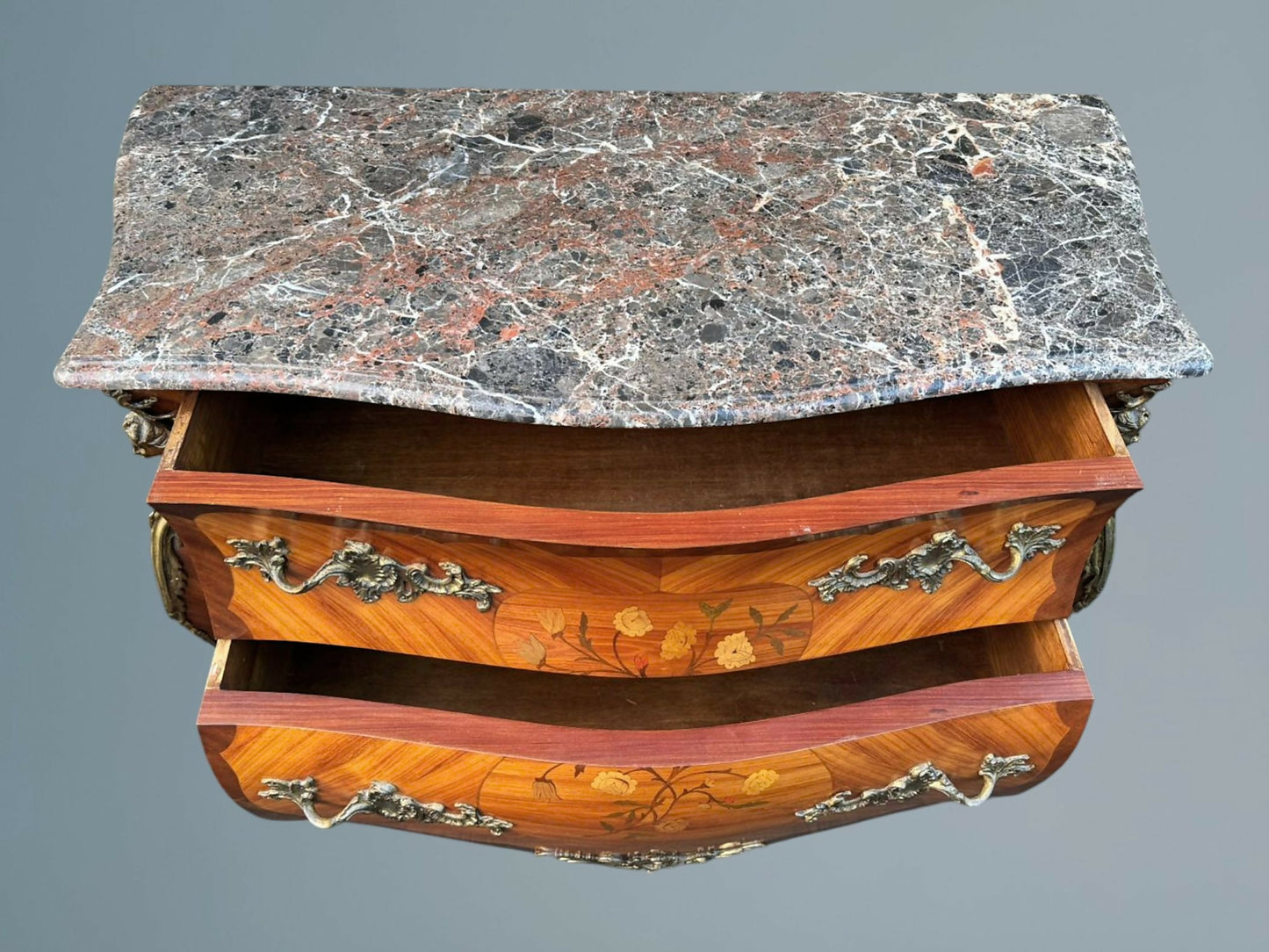 Louis XV Style French Walnut and Marquetry Inlaid Marble Top Commode