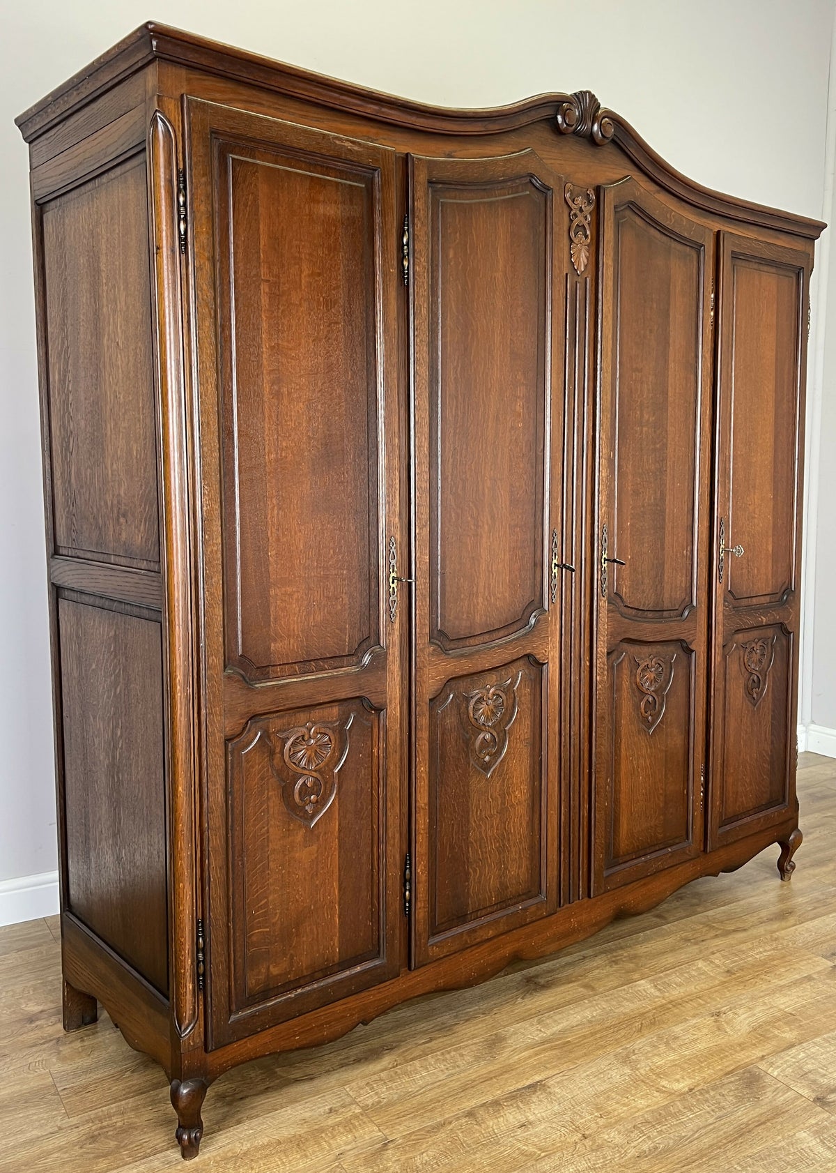 Wardrobe Vintage French Louis XVI Style Oak Four Door Carved Armoire LOT 6502