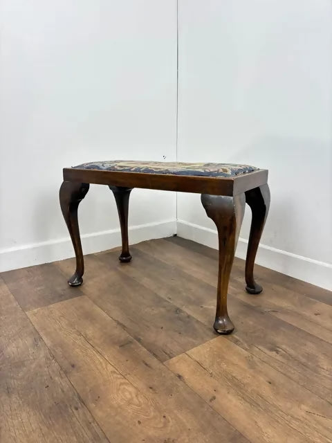 Vintage Oak Stool With Floral Tapestry Top