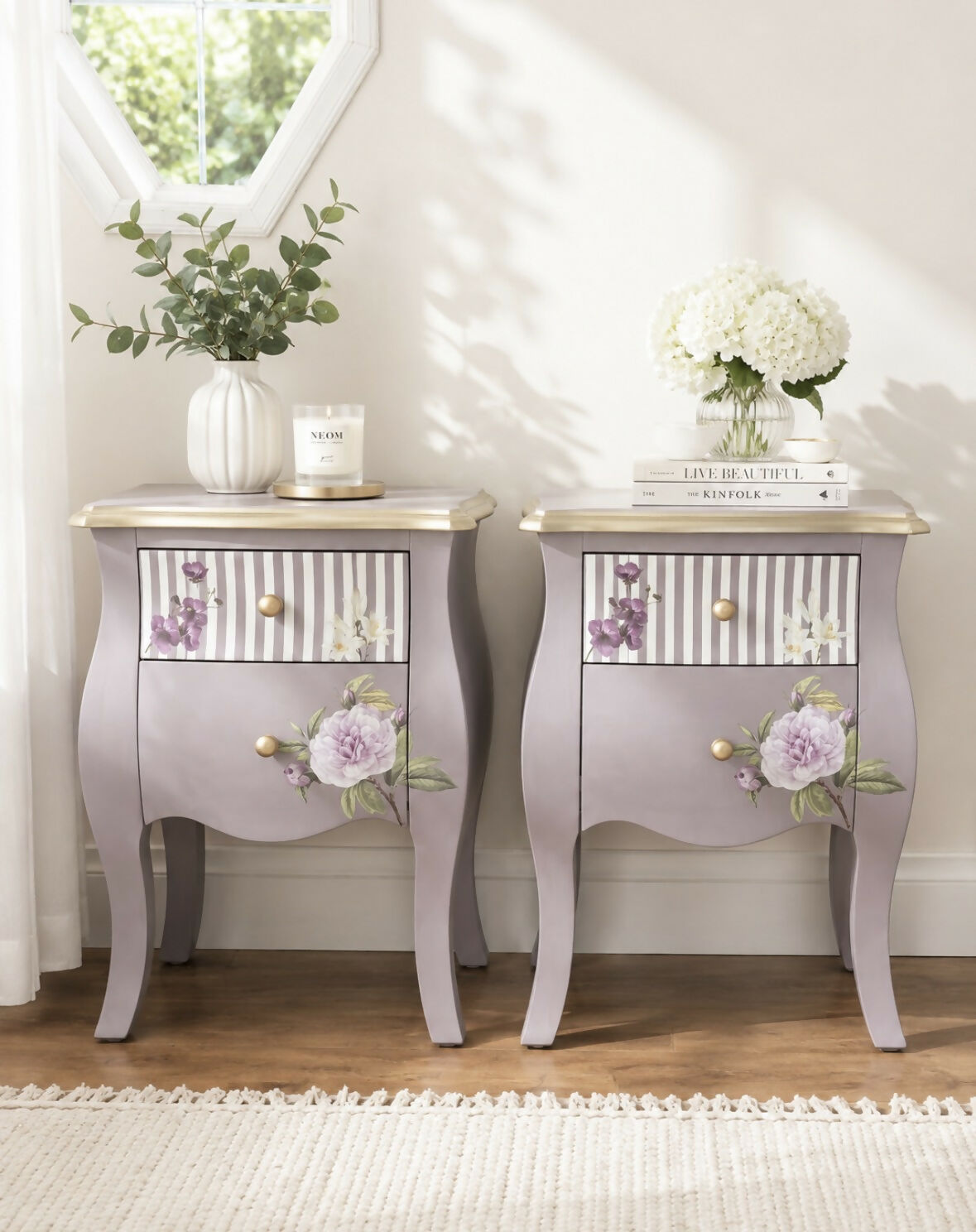 Hand-Painted Lavender Floral Bedside Tables | Vintage Upcycled Nightstands (Pair)