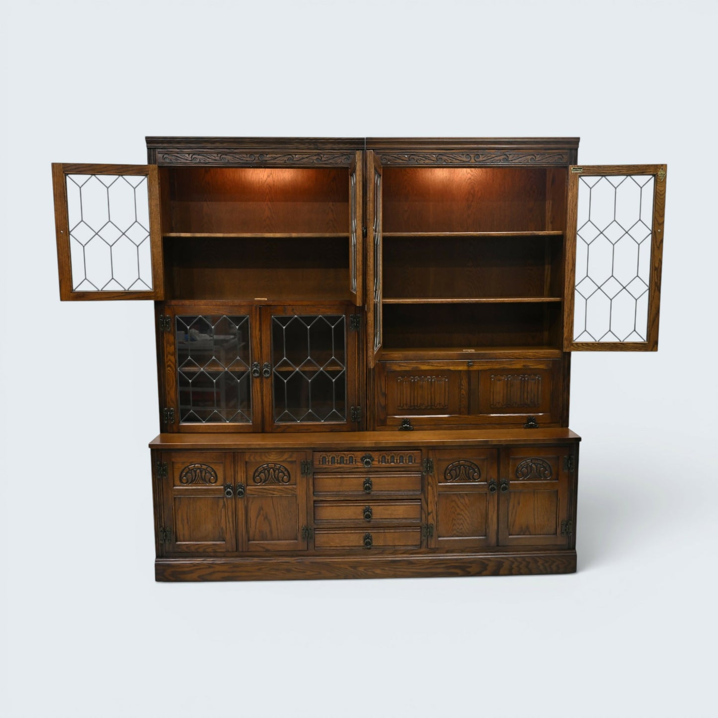 Old Charm Large Wall Unit Bureau Drink Cabinet Light Oak Finish FREE UK Delivery