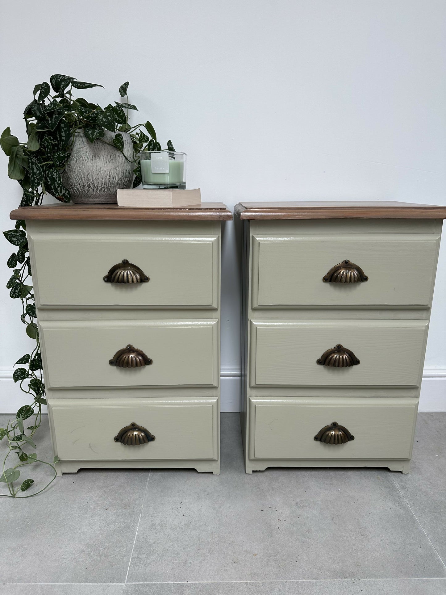 Pair of Vintage Wooden 3 Drawers Bedside Tables, in Sage Green