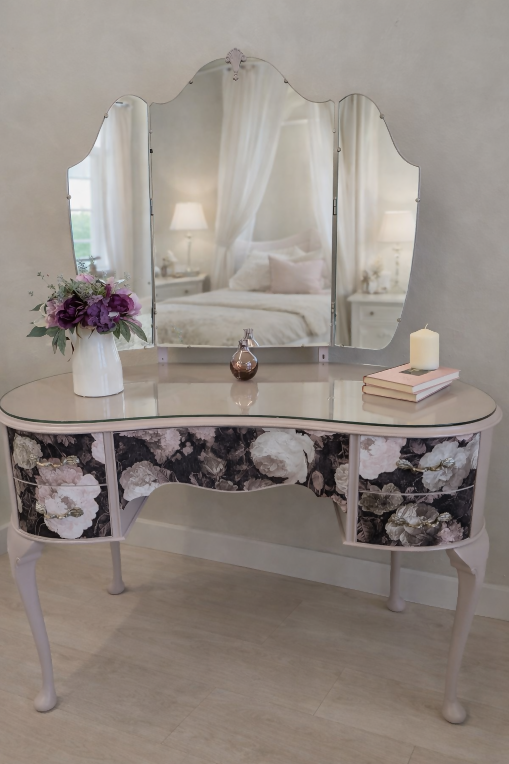French Style Dressing Table with Matching Bedsides Dusky Pink and Floral
