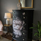 Opaline Bloom – Dark Luxe Bow-Front Vintage Chest of Drawers, Black Floral Decoupage, Gold & Pearl Handles