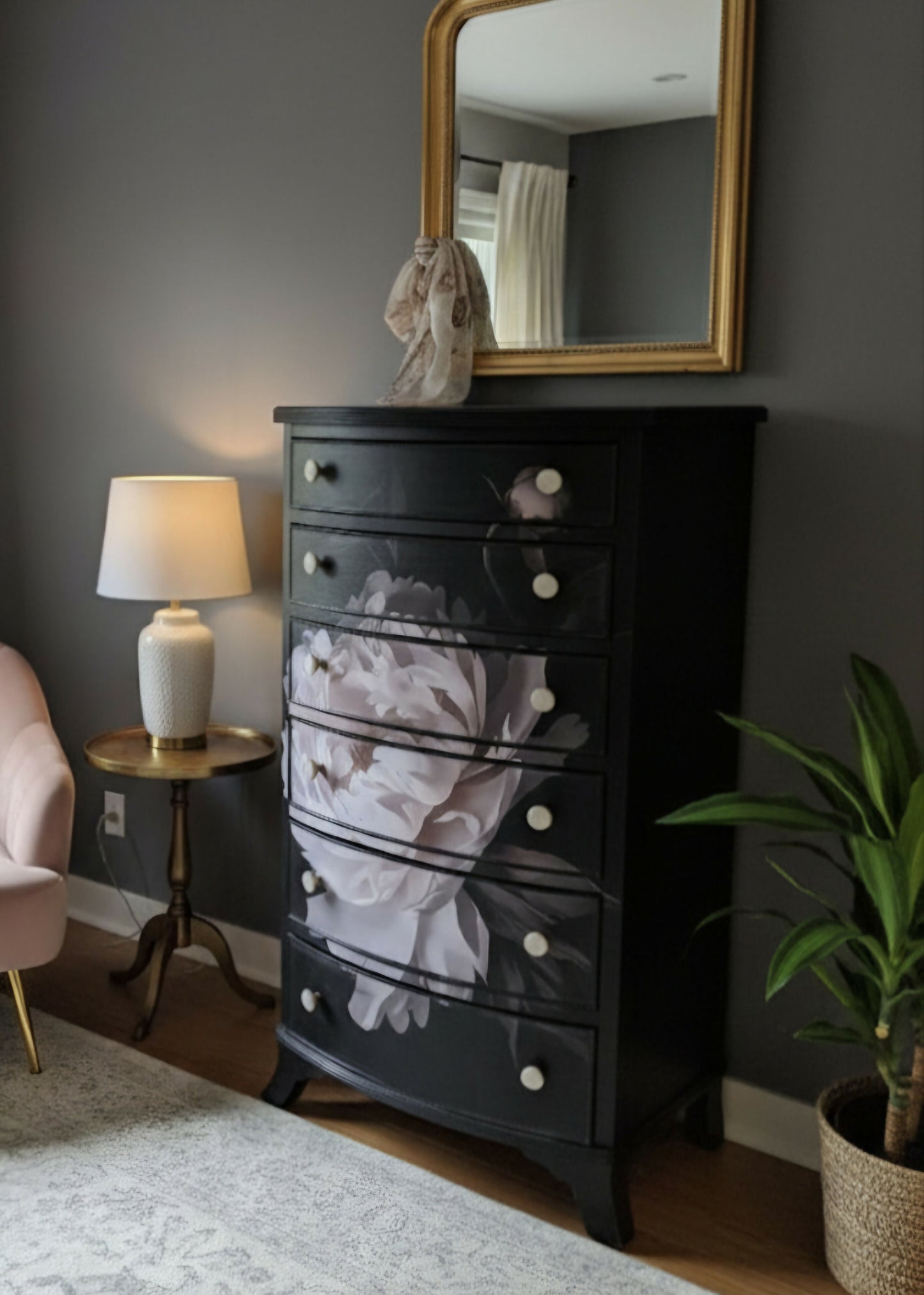 Opaline Bloom – Dark Luxe Bow-Front Vintage Chest of Drawers, Black Floral Decoupage, Gold & Pearl Handles