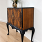 Refurbished Art Deco Burl Walnut Queen Anne Cocktail Cabinet in black and gold with cabriole legs, vintage drinks cabinet,
