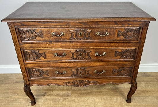 Chest of Drawers Vintage French Louis Oak 3 Drawers Carved Cabinet LOT 6252