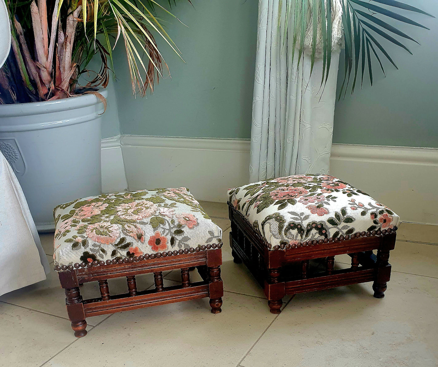 A fine Pair of late Victorian footstools. Repaired, Restored and Reupholsteted in High end French Designer fabric. Oak frames in tact.