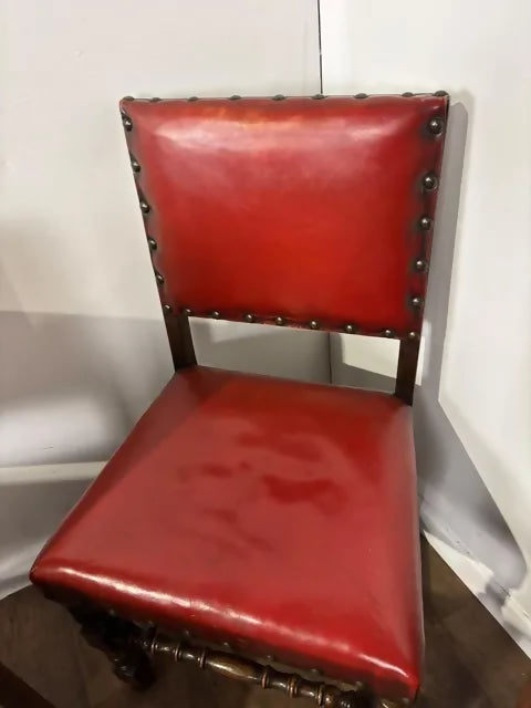 Vintage Set of Six Oak Framed Red Leather Dining Chairs