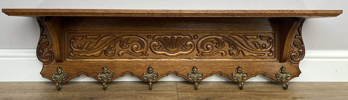 Coat Rack Vintage French Oak 6 Hooks Wall Shelf Carved Coat Hanger LOT 6551