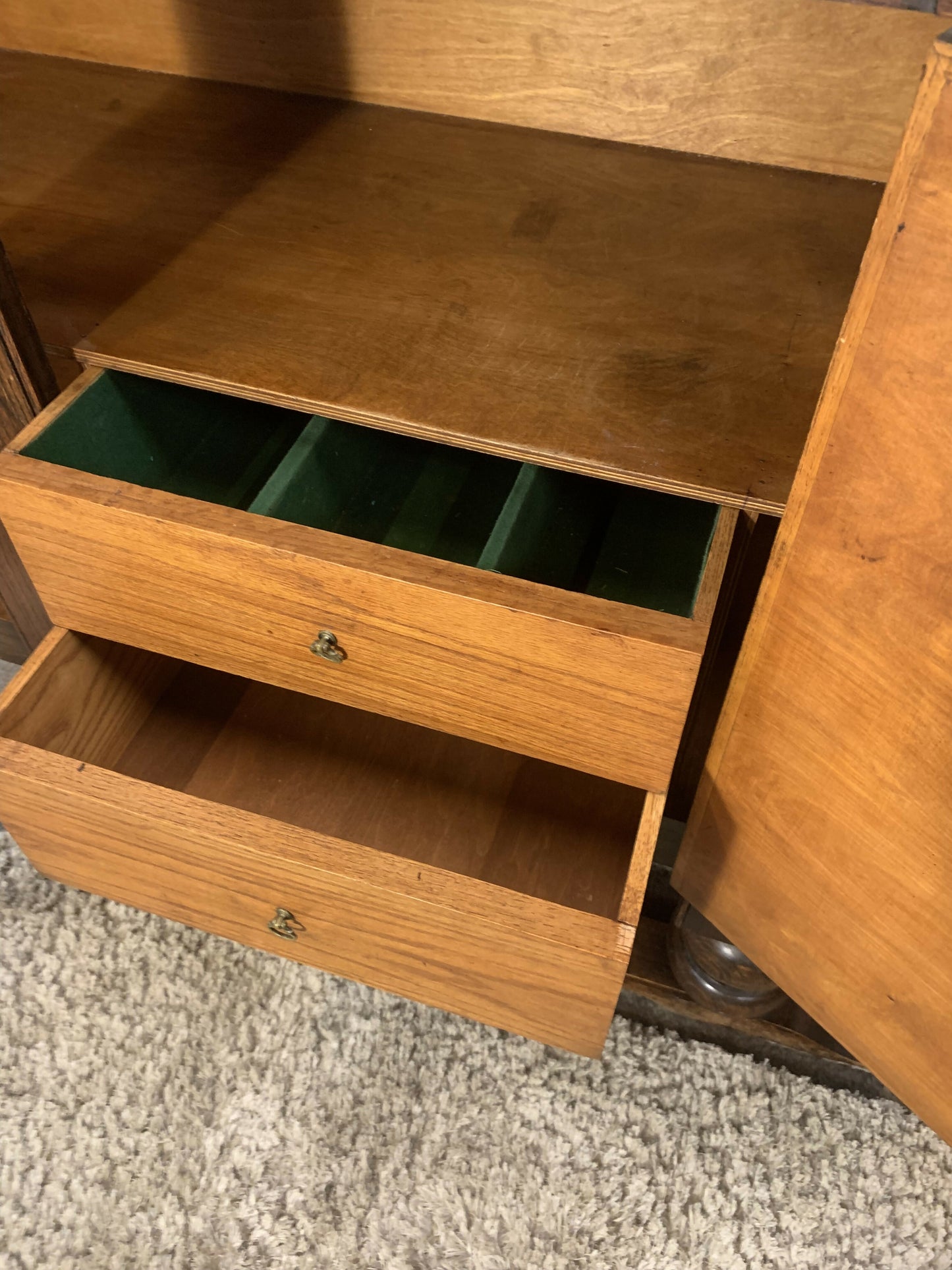 Vintage Art Deco Carved Wood Cabinet Sideboard 3 Doors 2 Drawers