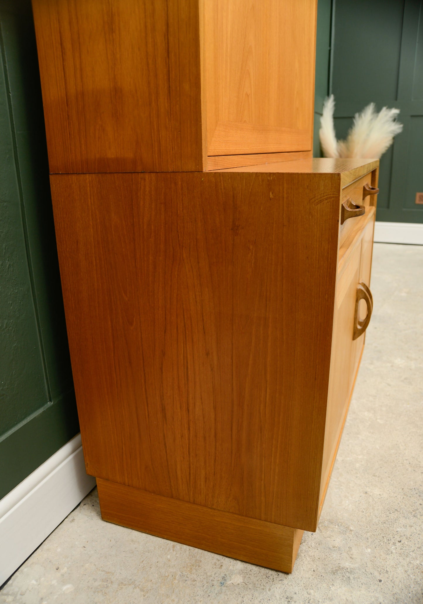 G Plan Sierra Wall Unit with Drinks Cabinet and Green Backboard