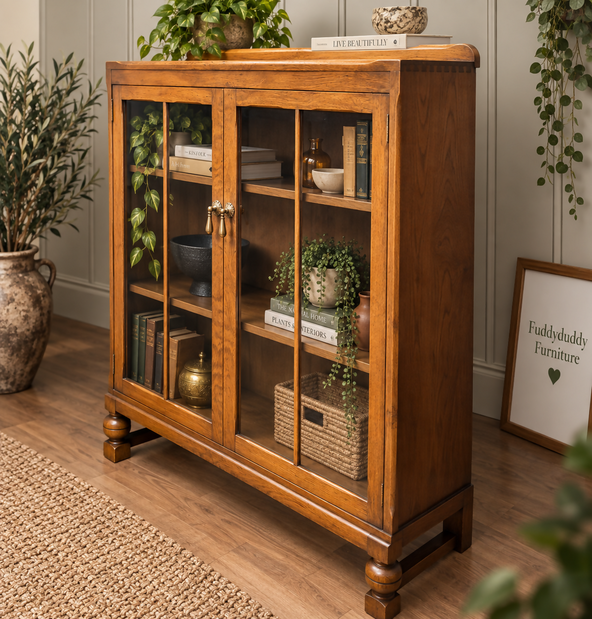 Solid Oak bookcase display cabinet slimline adjustable shelves
