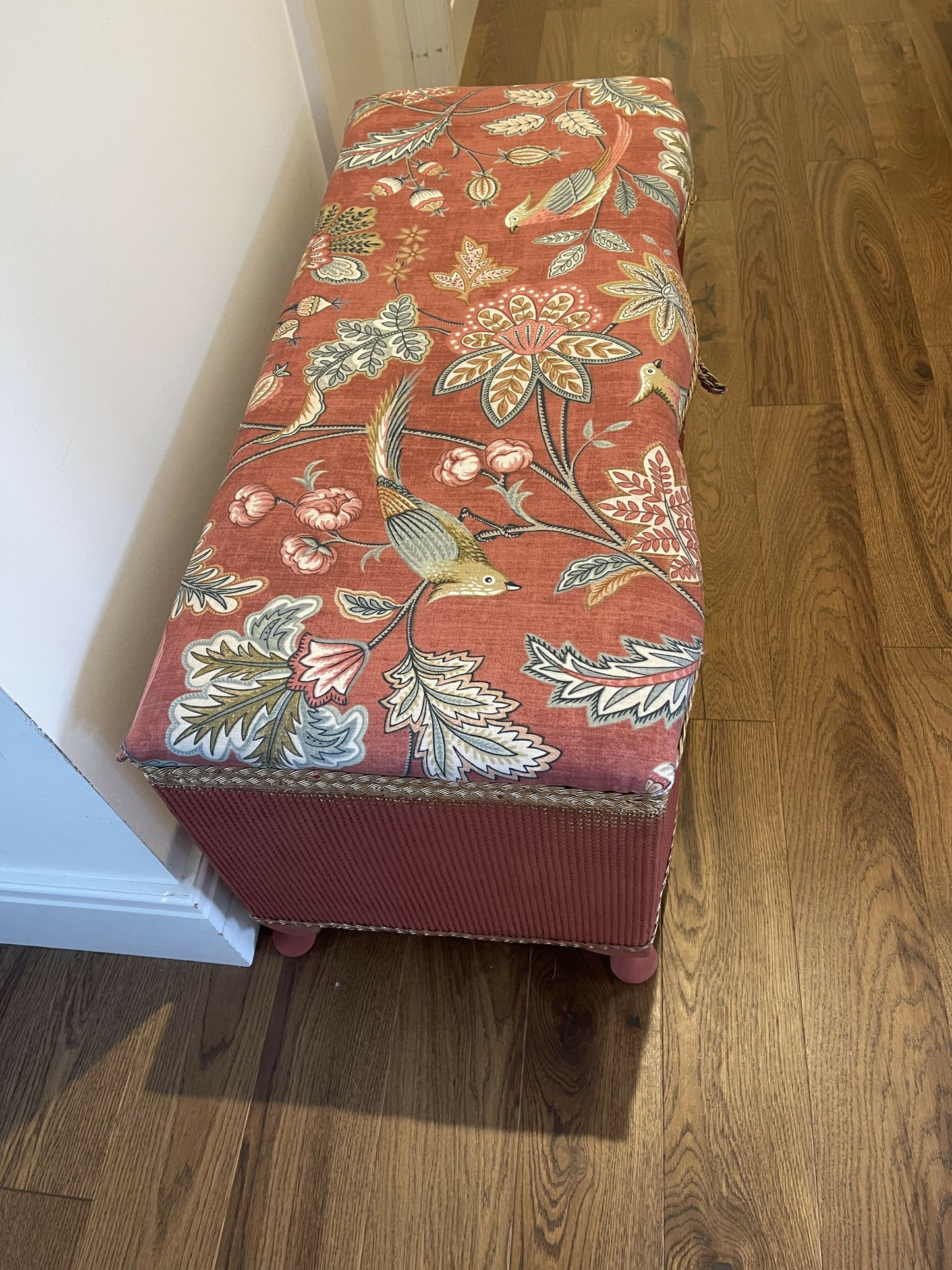 Mid century Ottoman living restored. Brick red chalk paint. Original gold trim. Matching new fabric