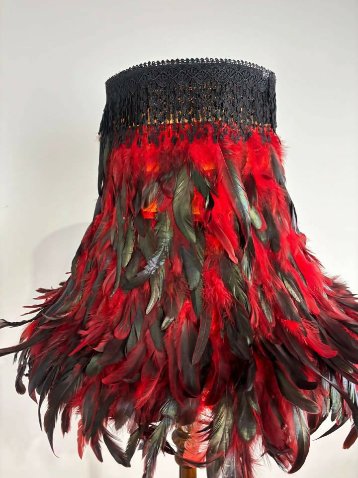 Vintage Carved Standard Lamp with Handmade Feather Shade