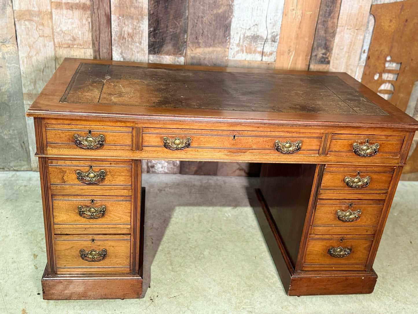 Antique Mid Victorian Walnut and Mahogany Embossed Leather Twin Pedestal Writing Desk, c.1860