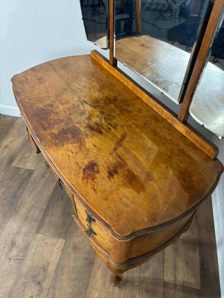 Vintage Walnut Veneered Dressing Table with Triptych Mirror