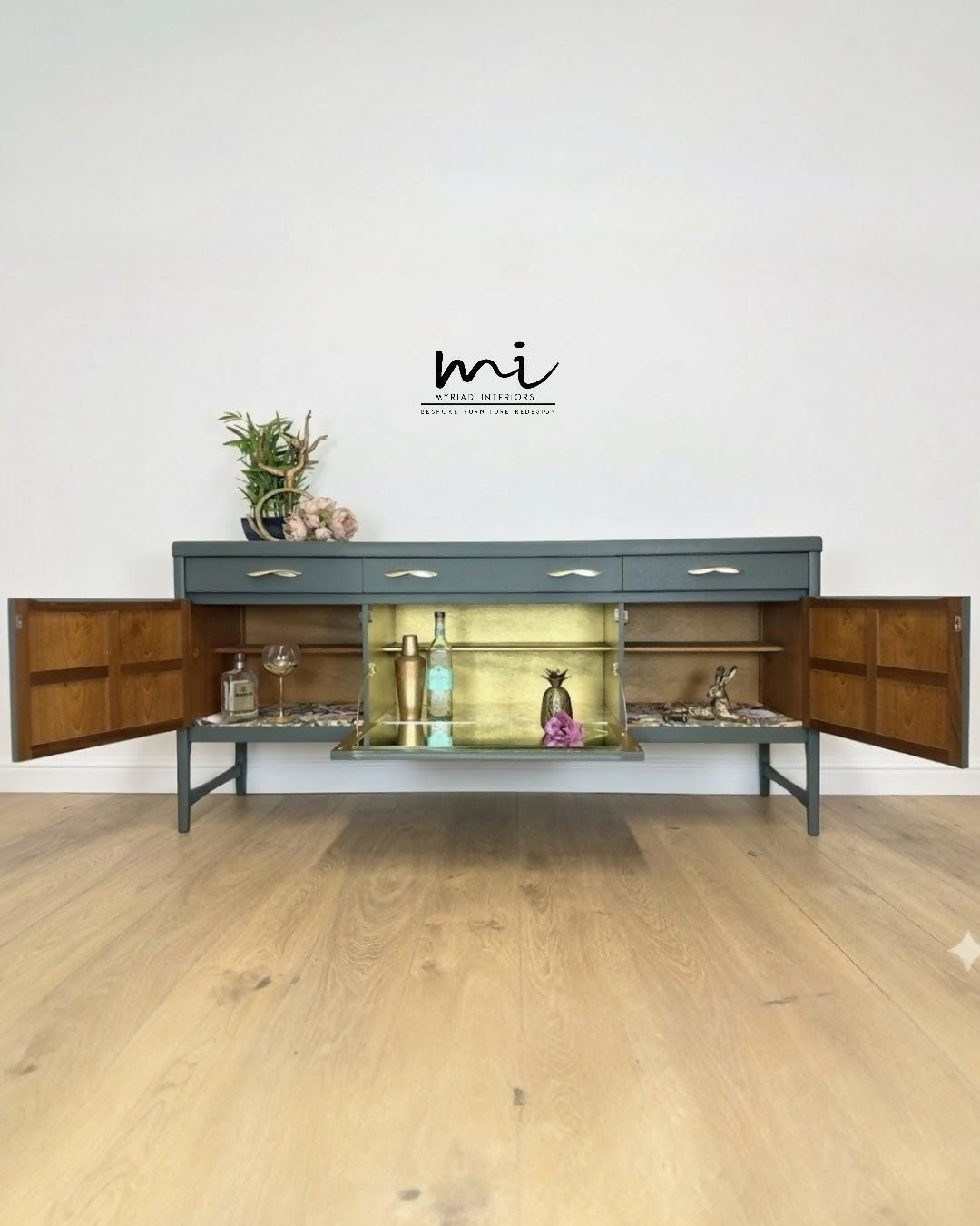 PAINTED TO ORDER Refinished Vintage Large Nathan Sideboard Drinks Cabinet In Deep Dusky Olive Green