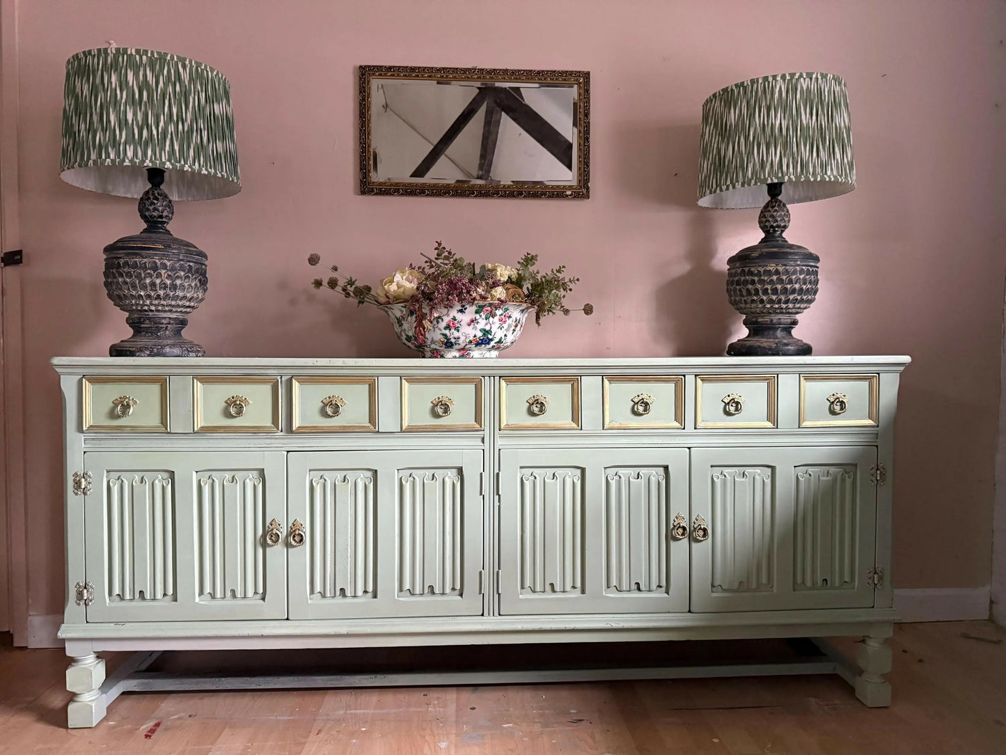 Sage Green Upcycled Sideboard, Gold Accents, Sustainable Decor