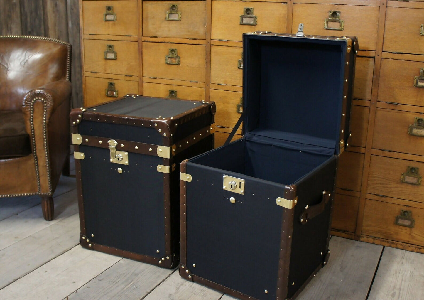 Black Vintage Handmade Bedside tables - English bespoke storage trunks