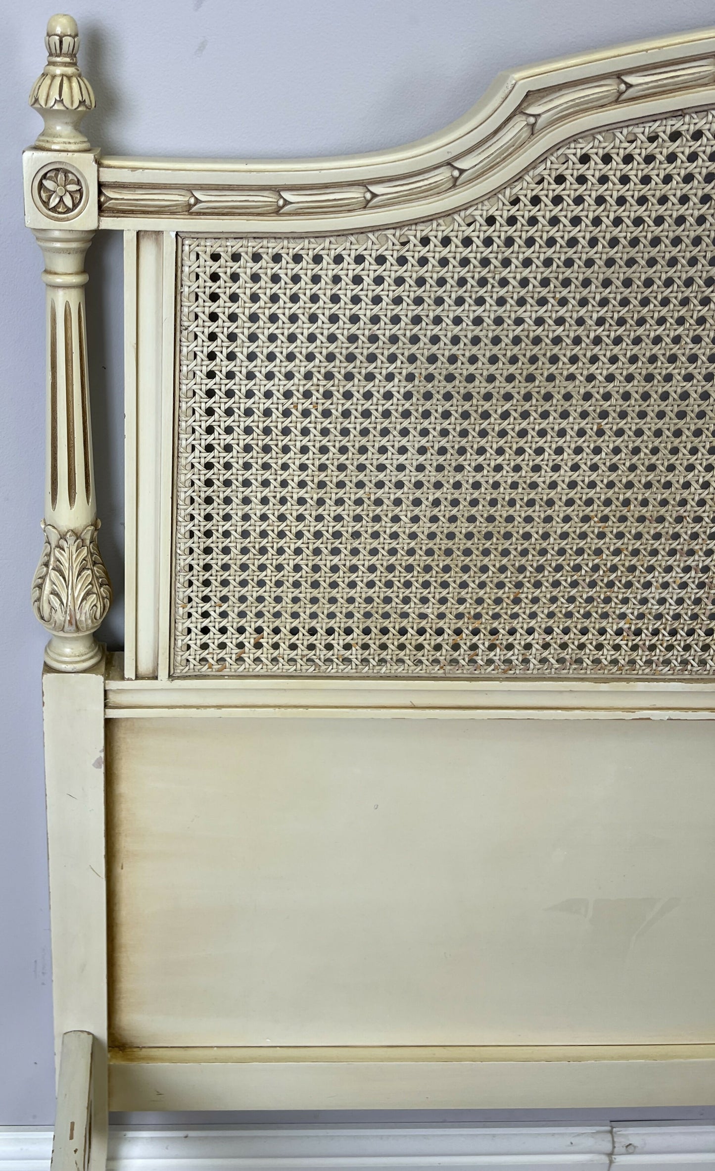 Bed Vintage French King Size Bed Frame Cane Panel Carved Headboard LOT 6410