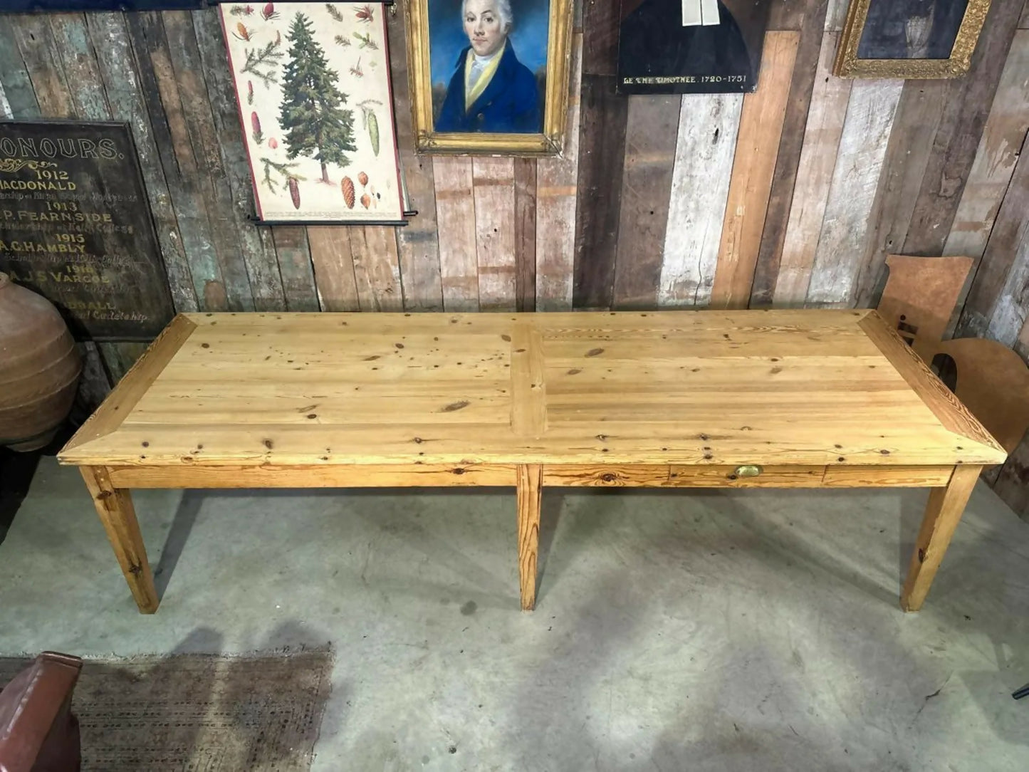 Antique Large Rectangular Long Pine Refectory Dining Table, C 1900. L300