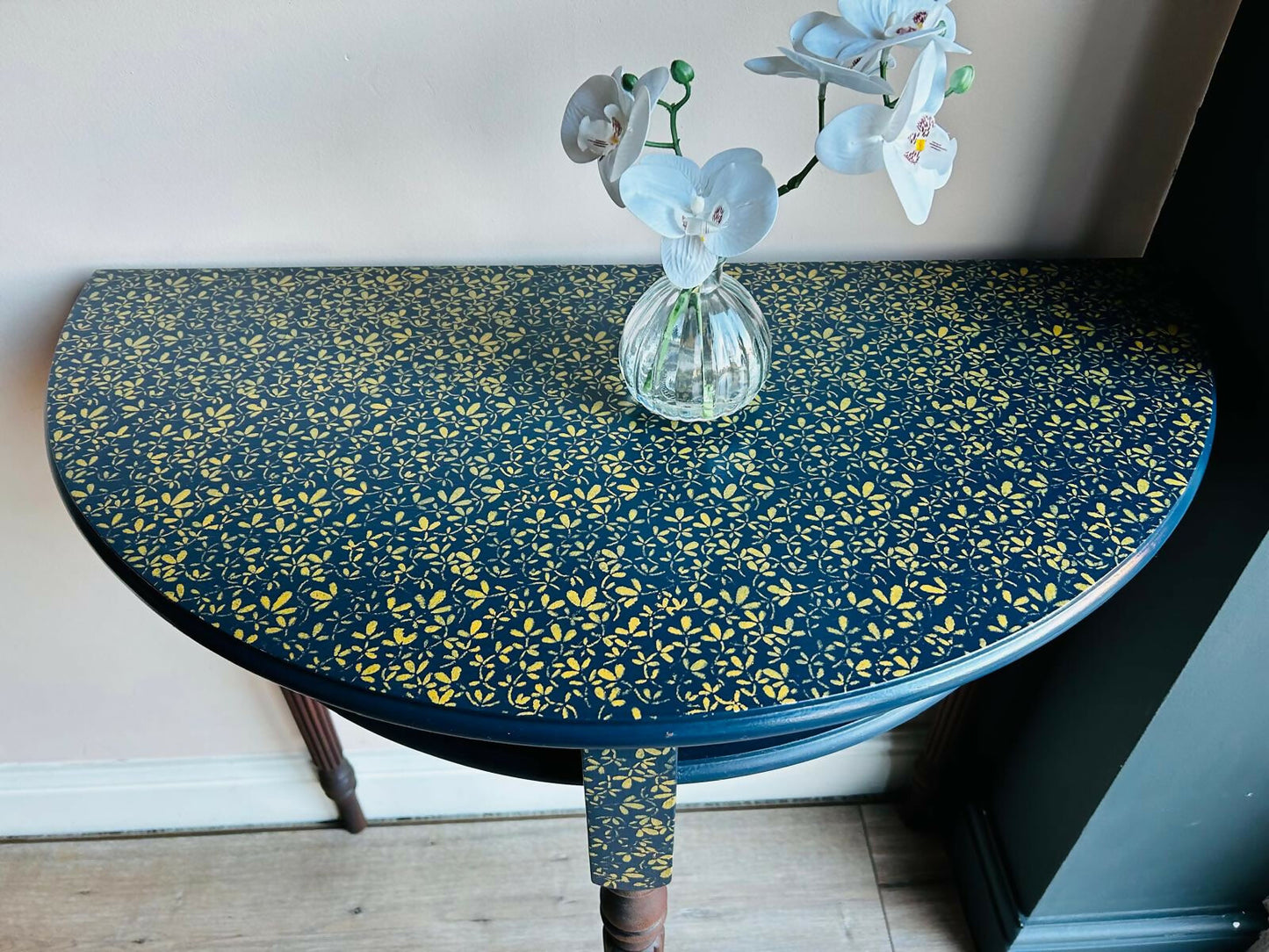 Half Moon Hall Table Upcycled/Refurbished Blue and Gold