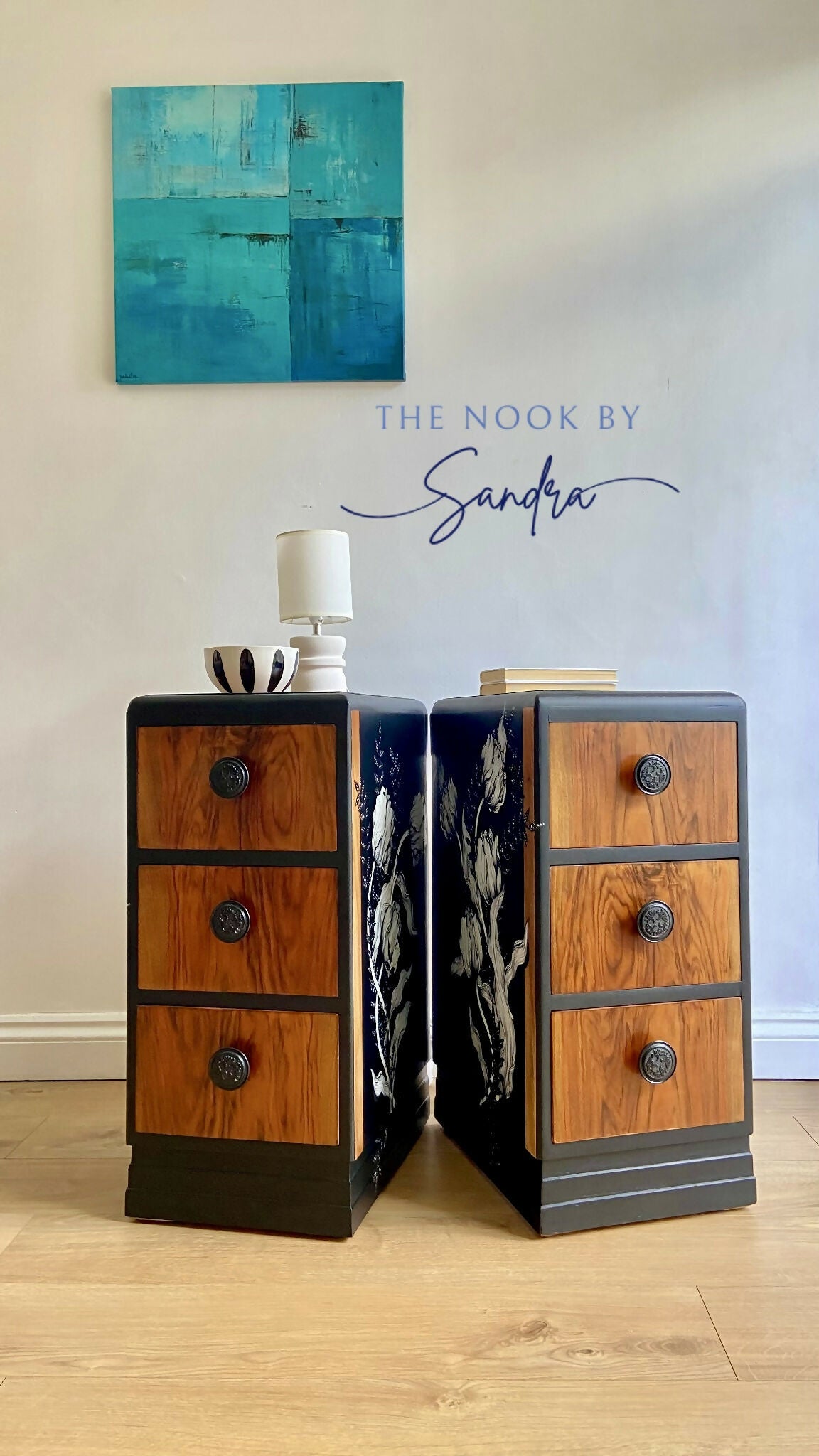 Upcycled Nightstands Set -Rustic Wood &Black | 3 Drawers Bedside Cabinets