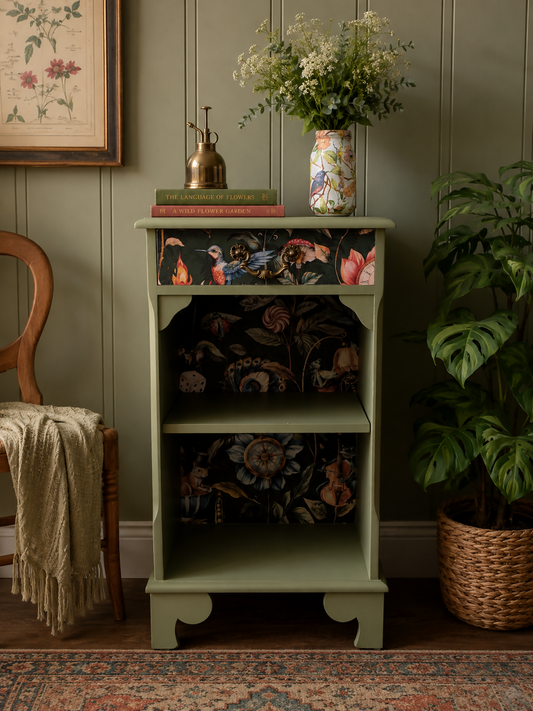 Sage Green Upcycled Cabinet – Whimsical Botanical Interior Bookcase//