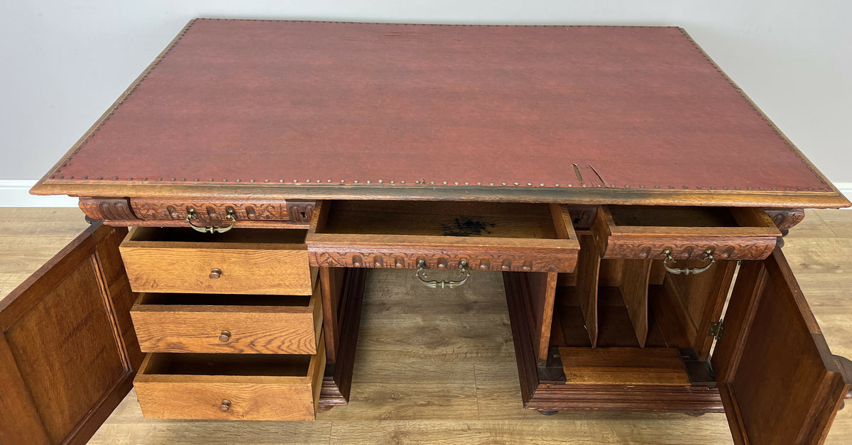 Desk Antique French Style Oak Double Sided Carved Pedestal Desk LOT 6514