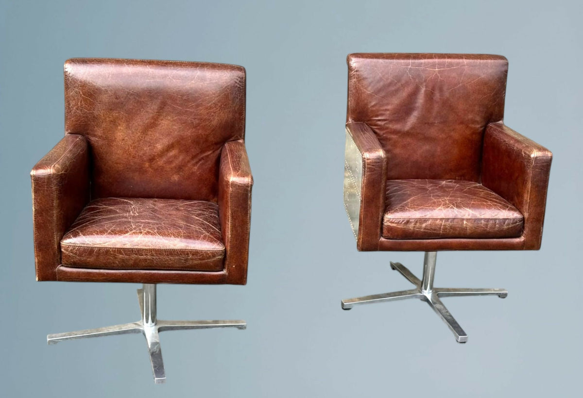Two Hand Dyed Brown Leather Aviators Swivel Captains Chairs