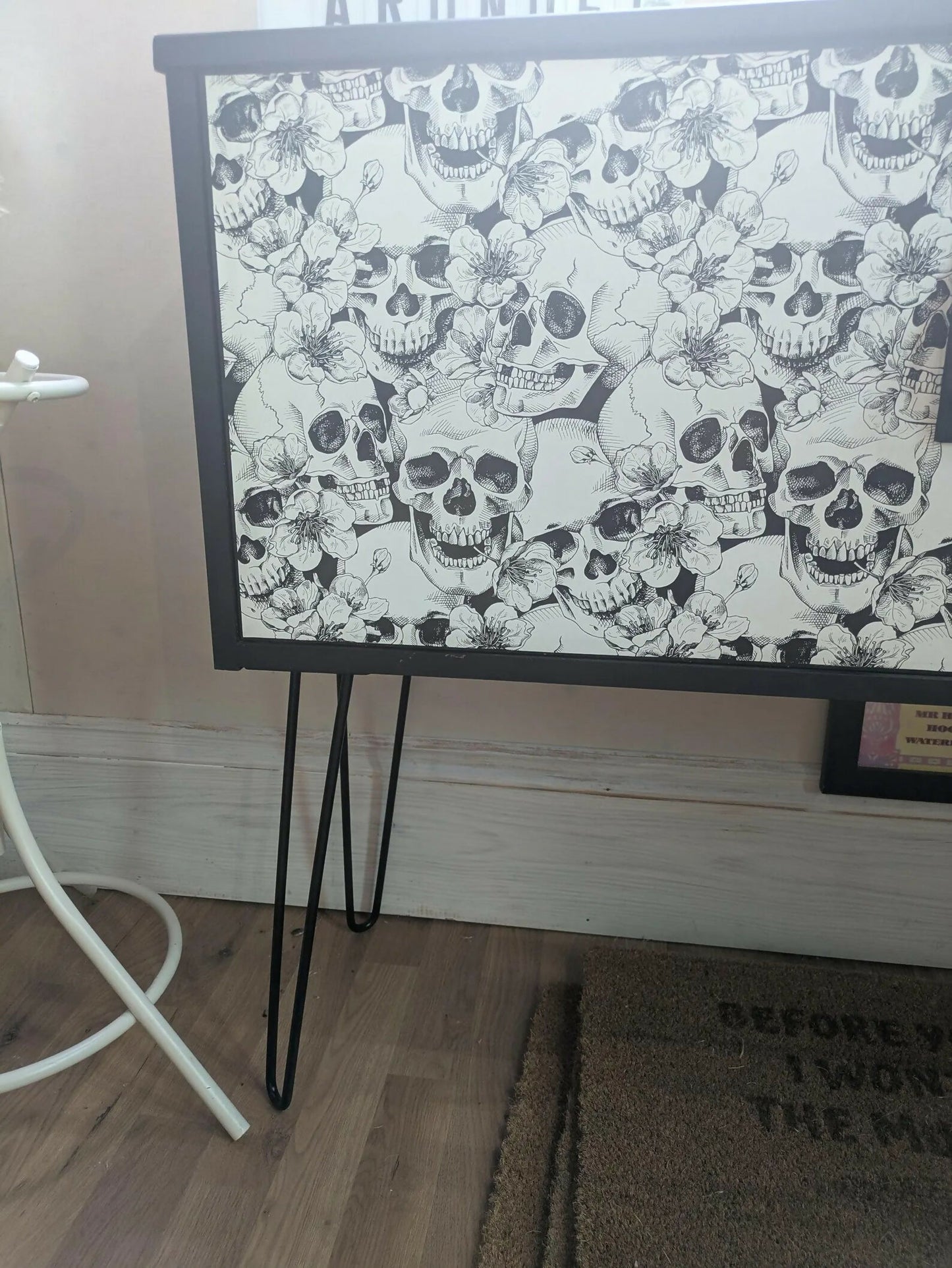 G plan Sideboard Drinks Cocktail Cabinet Black And White Skull Print Painted Upcycled Furniture Commission Piece