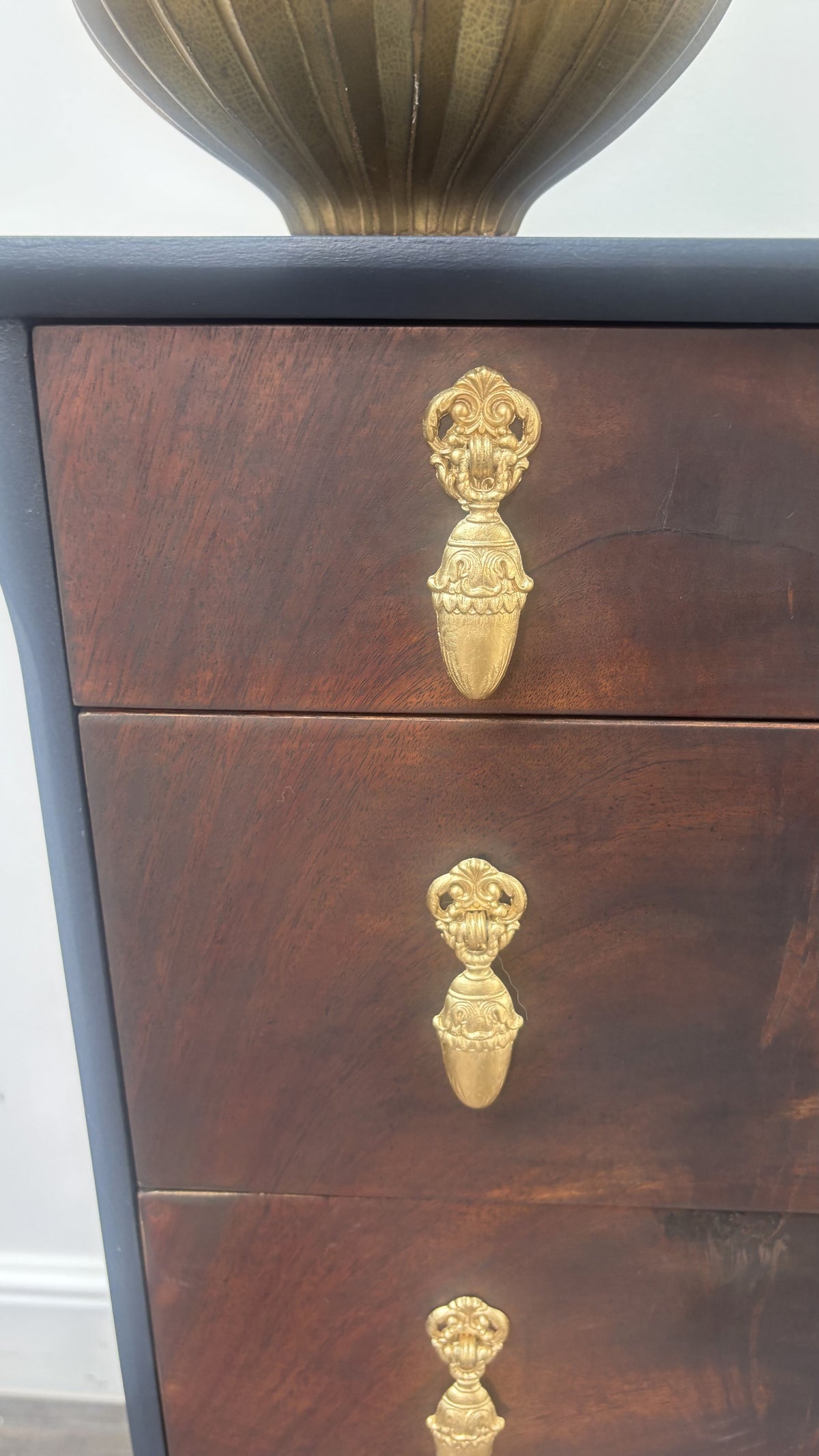 Vintage Navy Blue Flame Mahogany Dresser | Refurbished 5-Drawer Chest of Drawers | Brass Hardware Queen Anne Furniture