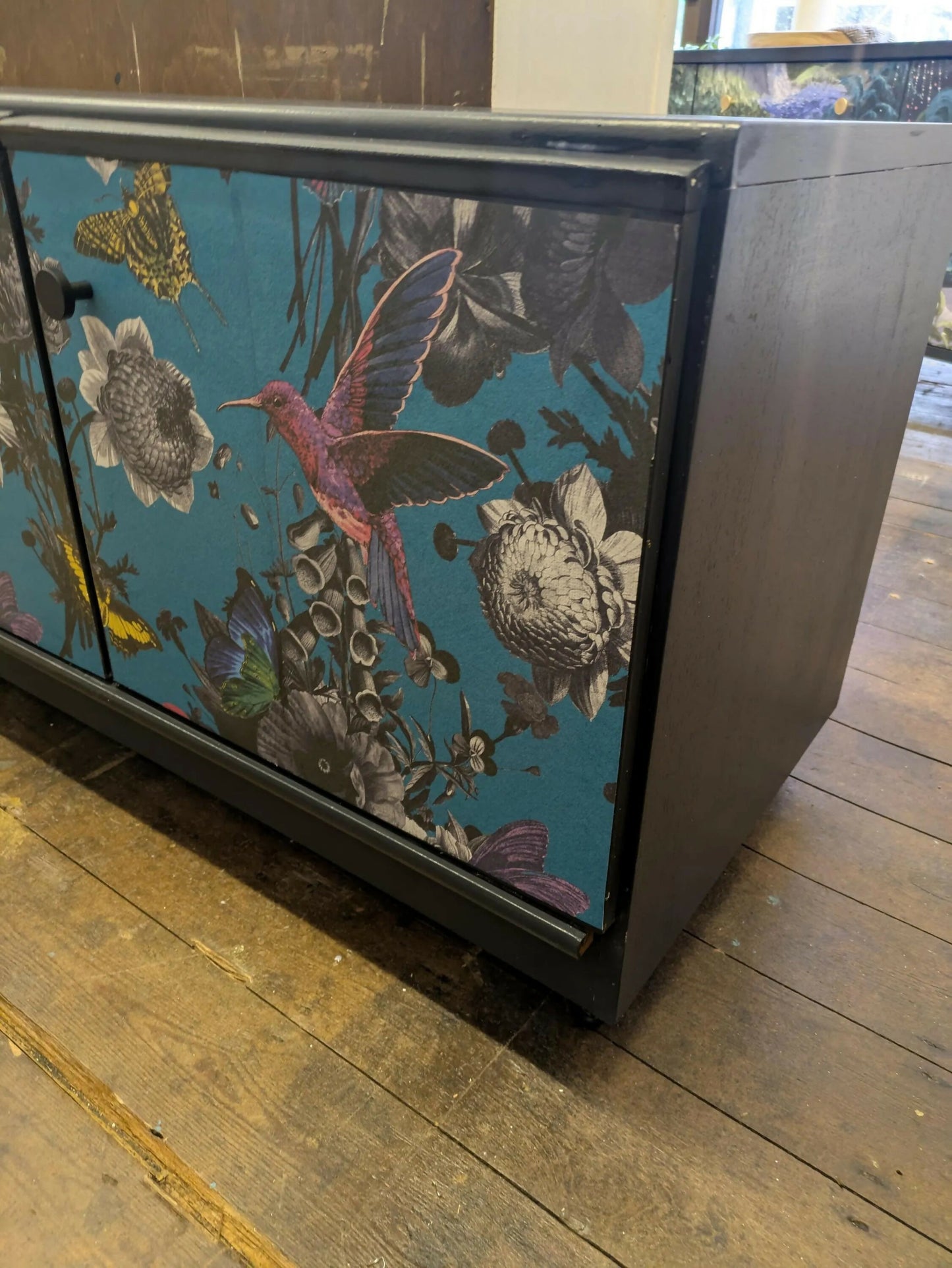 Midcentury Meredew Sideboard: Upcycled Charcoal Grey Floral TV Unit