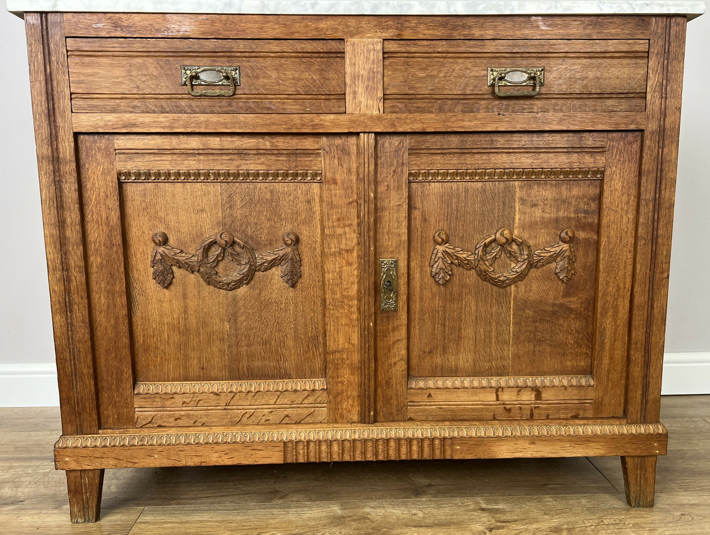 Cabinet Antique French Style Marble Top Oak Sideboard Carved Cupboard LOT 6284