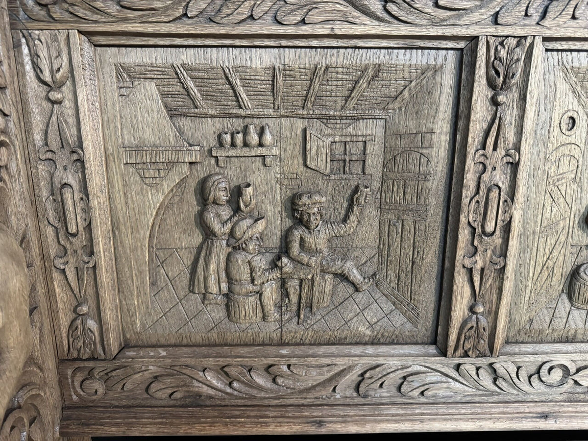French Carved Oak Tavern Scene Bench