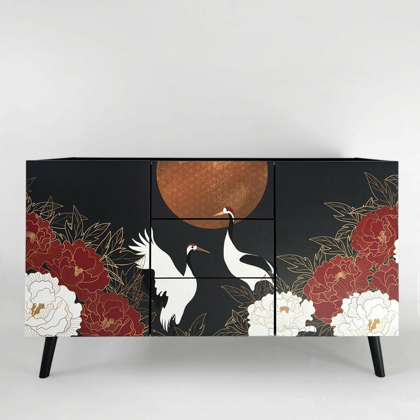 Black sideboard with 3 drawers and doors on each side, front decorated Japanese design