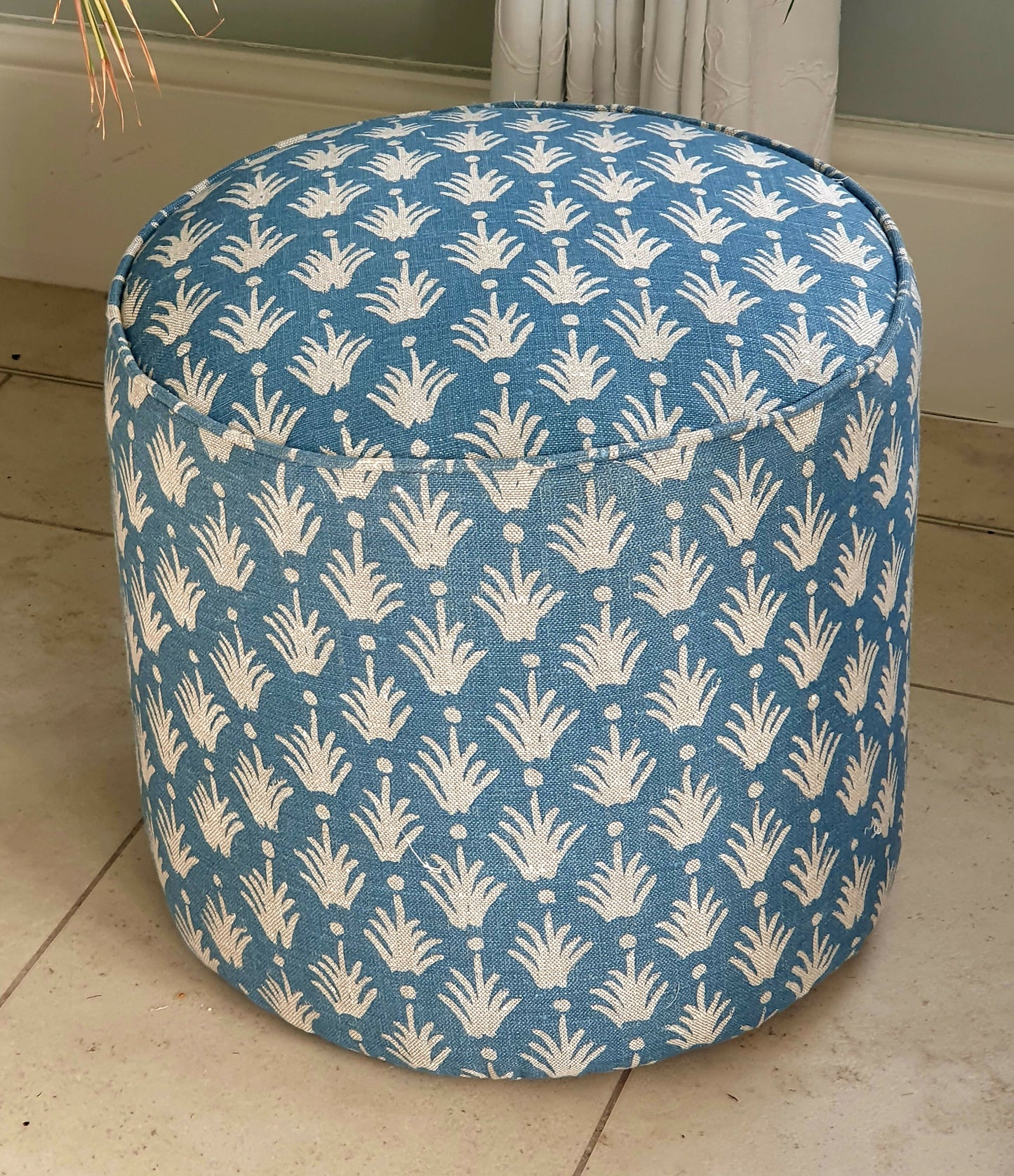 Circular Drum Stool / Ottoman. Newly Reupholstered in a Great Quality Belgium Linen