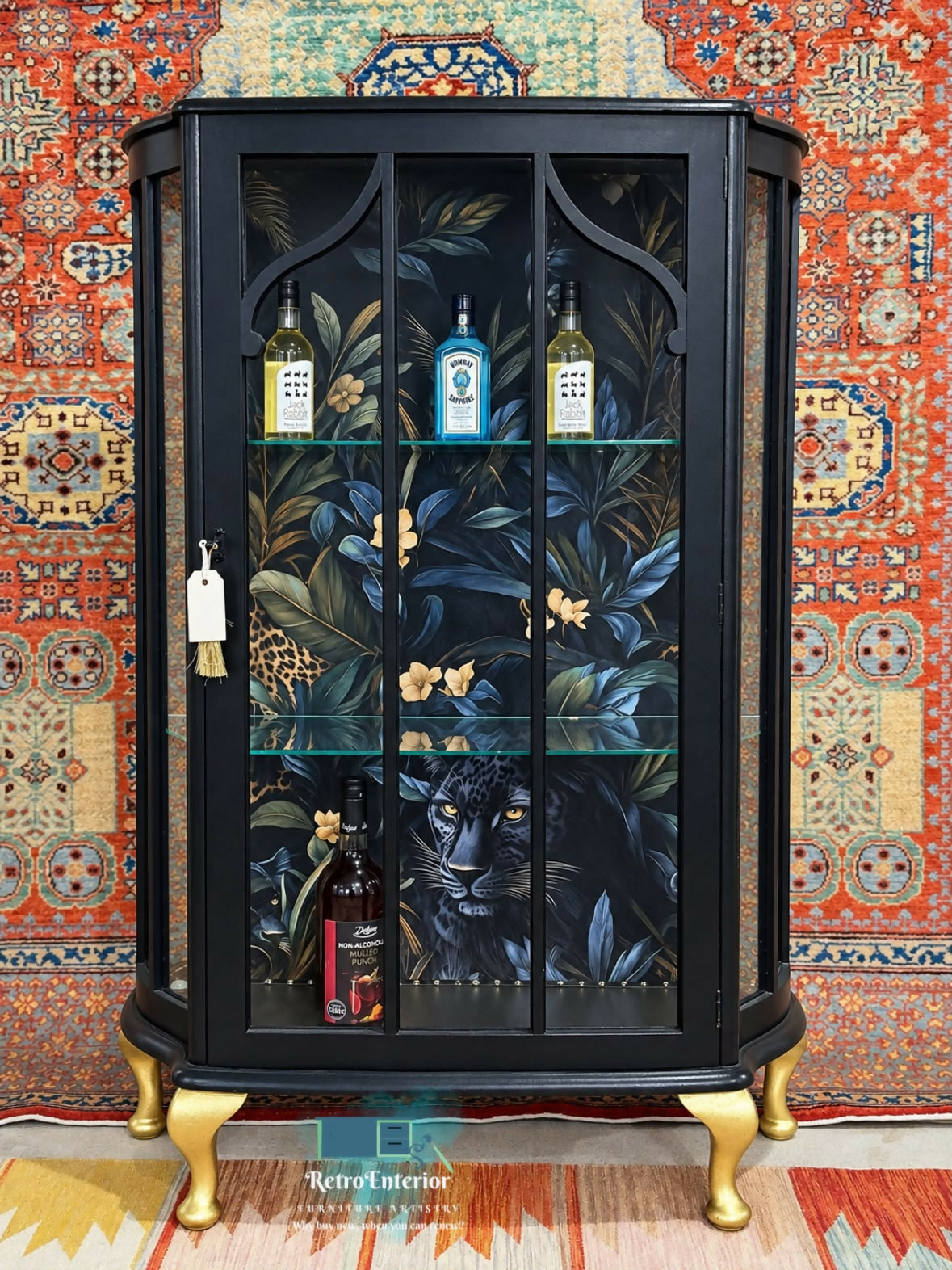 Vintage Black Drinks Cabinet | Tropical Leopard Statement Display Cabinet