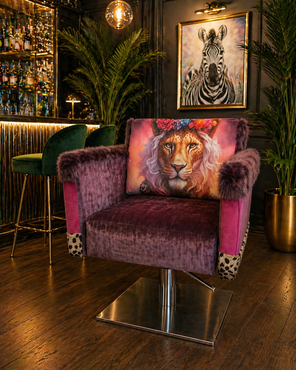 Salon swivel chair. Upholstered to make a funky statement piece. Velvet and faux fur with lion print panel