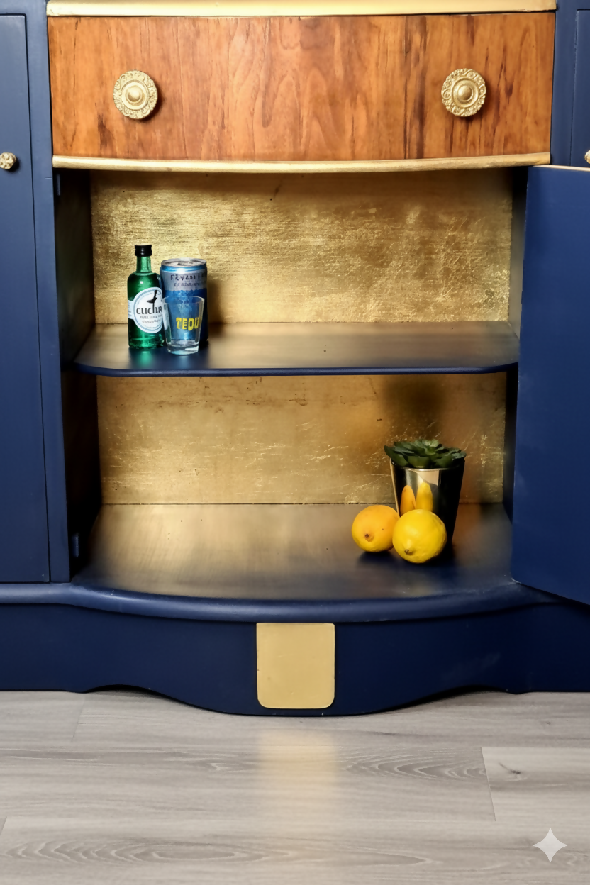 MADE TO ORDER. navy blue and gold cocktail cabinet cabinet