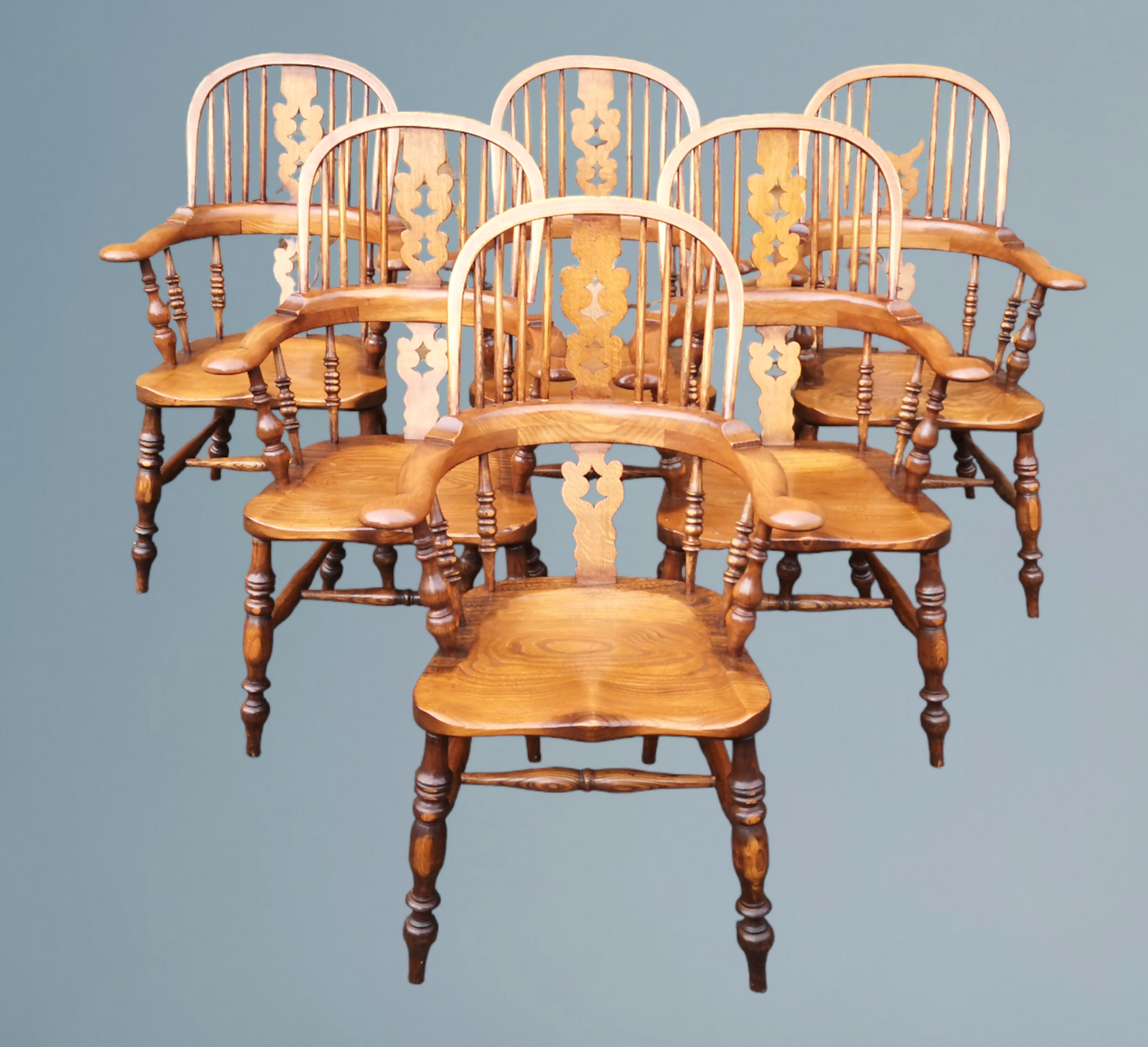 Set of Six Ash & Elm Broad Arm High Back Windsor Armchairs
