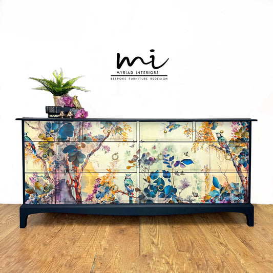 MADE TO ORDER Refurbished vintage Stag Minstrel large captains chest of drawers, navy blue, floral bird design, dresser, large sideboard mid century, teal