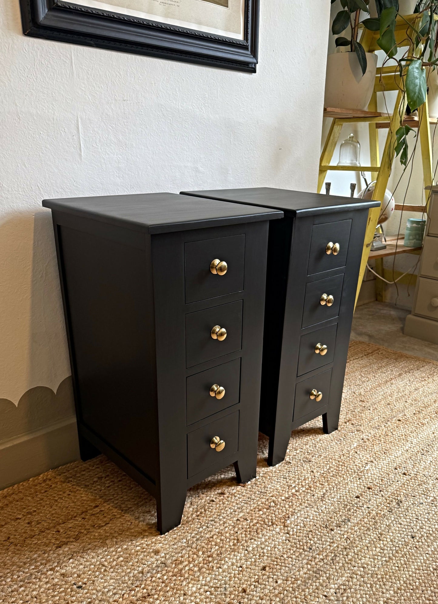 Newly refurbished pair of bedside drawers cabinets tables black nightstands solid wood tall