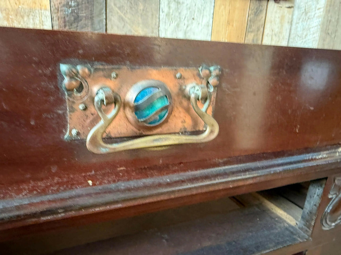 Antique Mahogany Arts And Crafts Art Nouveau Period Breakfront Buffet Sideboard Hall Dining Cupboard, Ruskin, Shapland And Petter C 1920